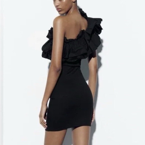 Zara | Black Ruffled Asymmetrical Cocktail Dress | Size Medium - Picture 2 of 5